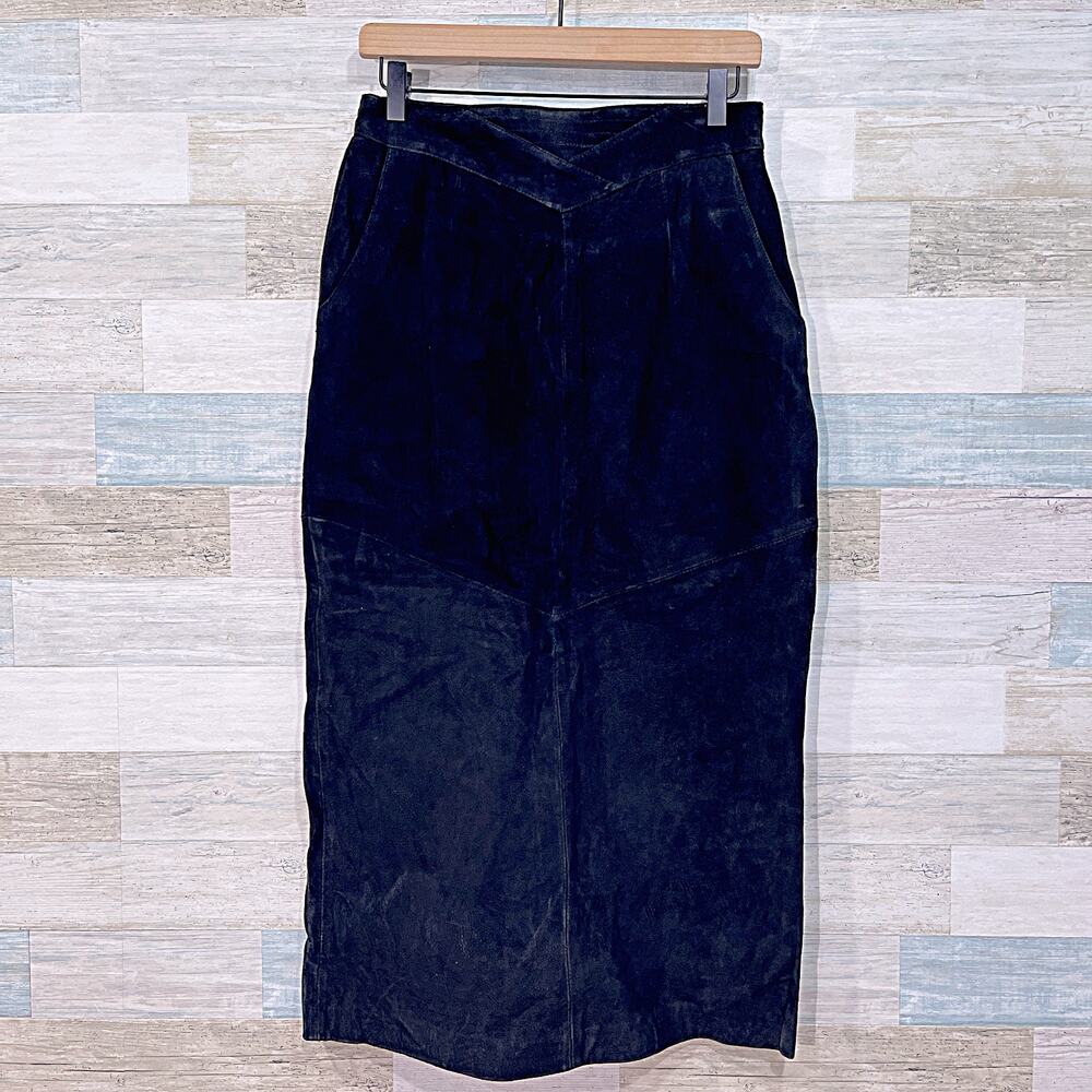 Jacqueline Ferrar 100% Suede Leather Pencil Skirt Black Vintage 90s Womens 12
